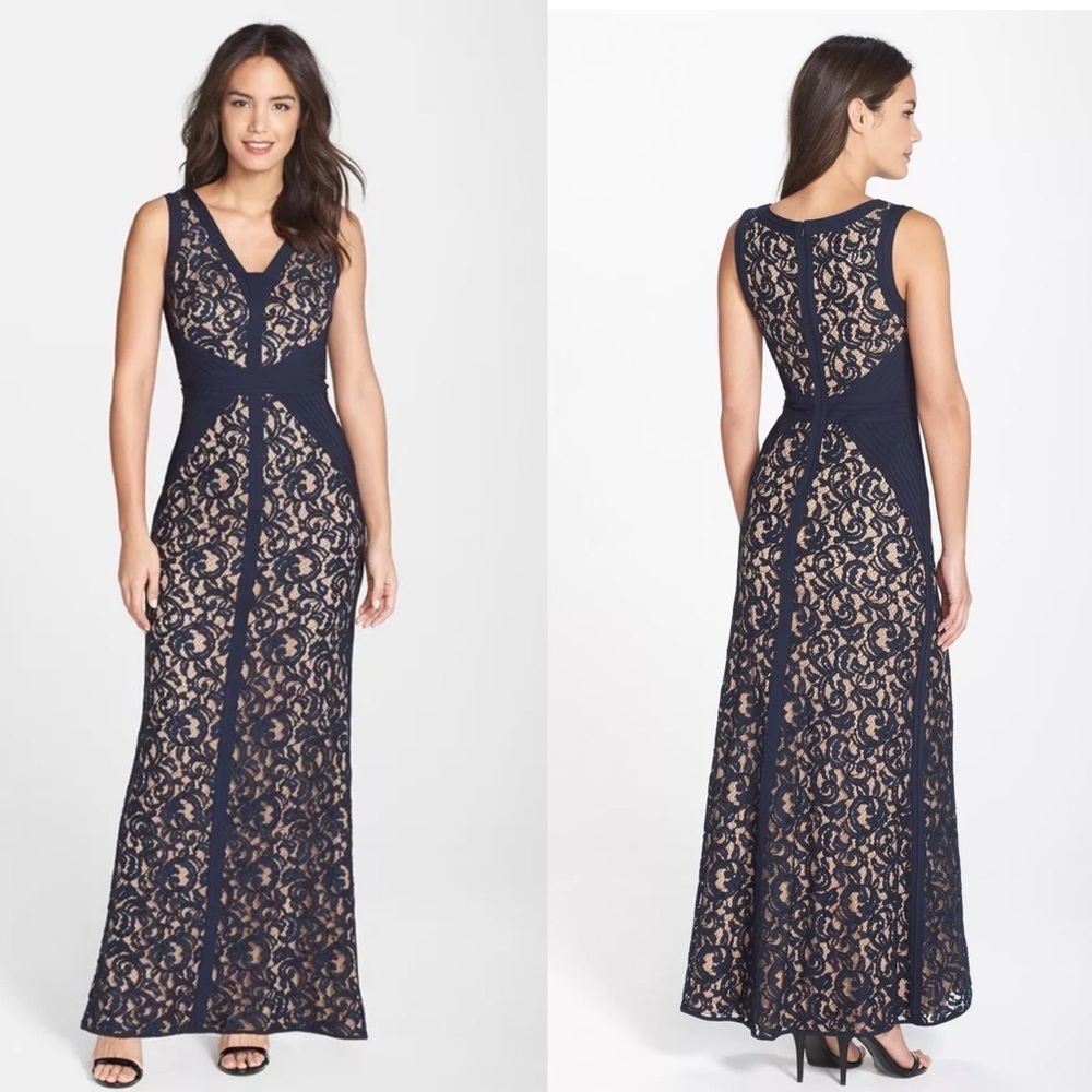 Tadashi Shoji midnight blue lace panel evening gown size 10